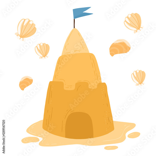 Vector sandcastle with a blue flag and seashells