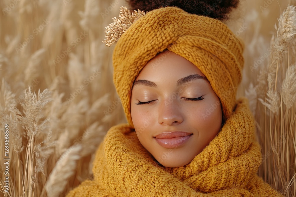 A woman with a relaxed expression, wrapped in a cozy yellow scarf, surrounded by tall golden grasses A woman with a relaxed expression, wrapped in a cozy yellow scarf, surrounded by tall golden grasses