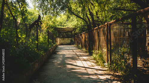 An abandoned zoo with crumbling enclosures rusted cages and vines overtaking the pathways.
