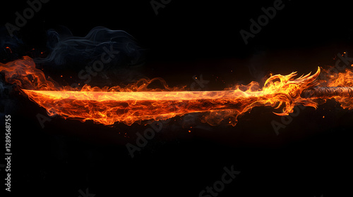 A fiery dragon coiling around a sword with flames and smoke swirling around it.