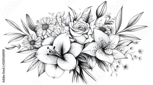 A fine-line floral bouquet featuring roses lilies and wildflowers with delicate stems.