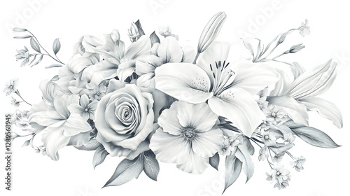 A fine-line floral bouquet featuring roses lilies and wildflowers with delicate stems.