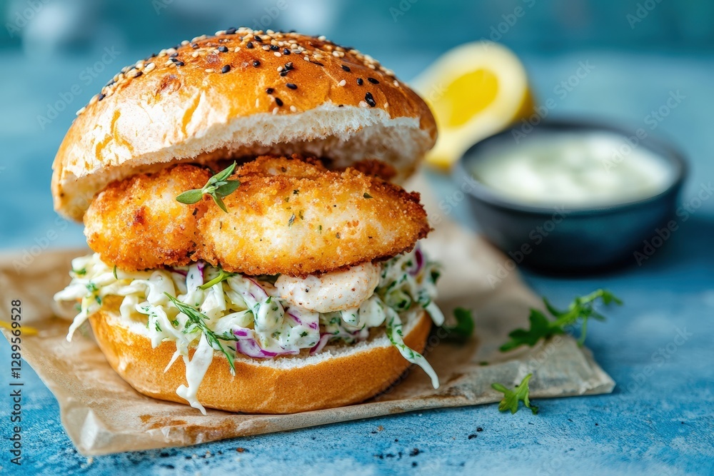Crispy fish fillet burger with tartar sauce and coleslaw, soft bun, bright background, copy space, perfect for seafood menus Crispy fish fillet burger with tartar sauce and coleslaw, soft bun, bright background, copy space, perfect for seafood menus