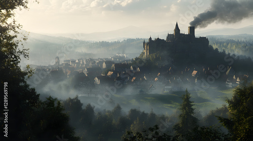 A fortified knight city atop a hill surrounded by deep forests and rolling fields with smoke rising from chimneys.