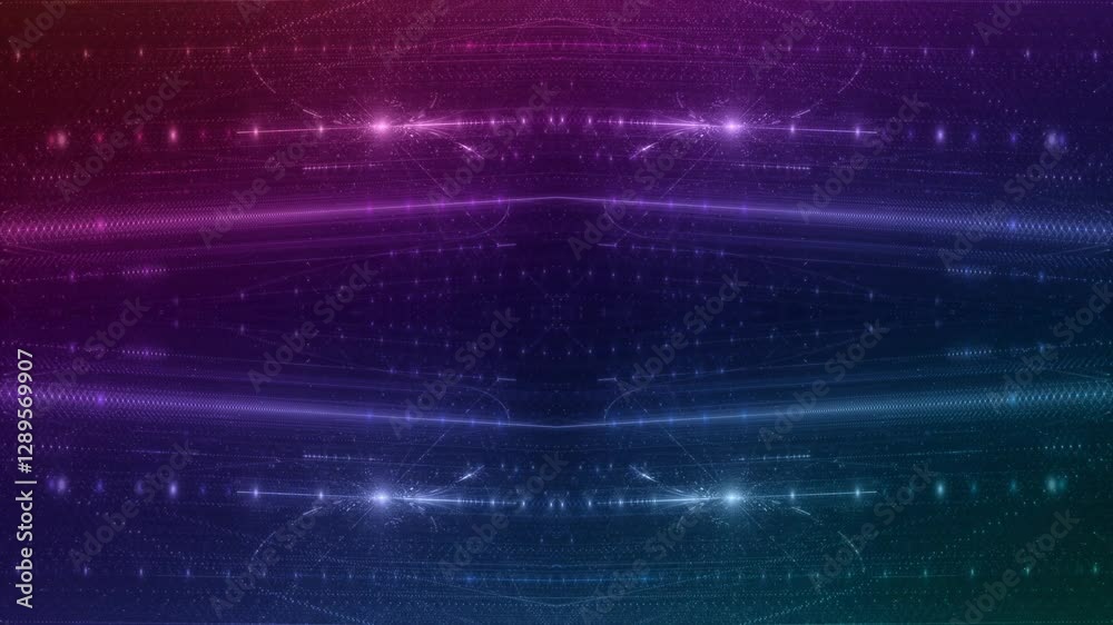 energievoll leuchtende Lichtpunkte bewegen sich langsam Richtung Zentrum, digitaler Datentransfer, Algorithmus, Internet, Datenfluss, Geschwindigkeit, Wandel, Austausch, violett, pink

