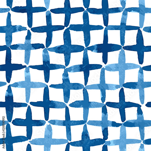 Blue watercolour crosses background. Seamless vector pattern