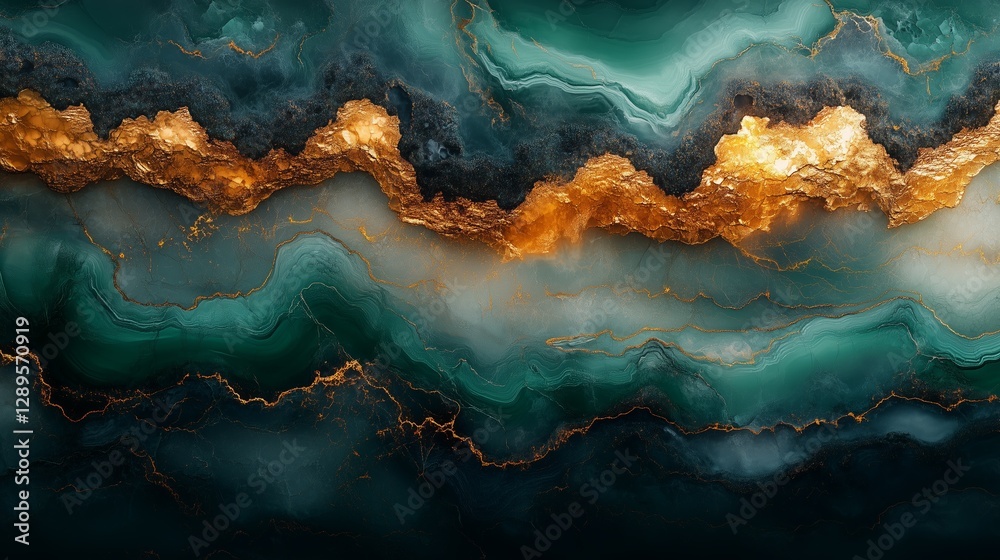 Obraz premium Vibrant abstract artwork showcasing teal and gold marble textures, creating a striking visual for backgrounds or decor inspiration.