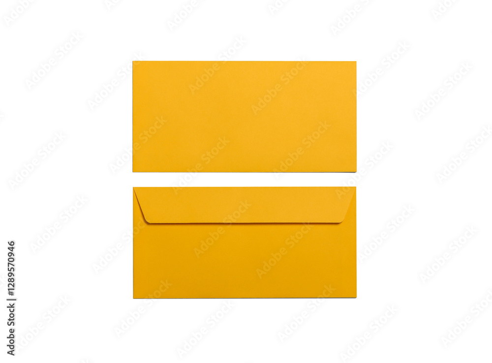 Simple blank yellow envelope isolated, front and back view. The narrow long size. Simple blank yellow envelope isolated, front and back view. The narrow long size.