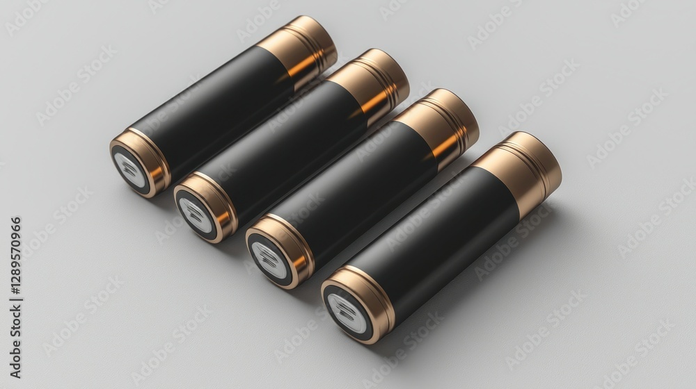 Fototapeta premium Four black and gold cylindrical batteries on a light gray surface