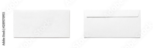 Simple blank white envelope isolated, front and back view. The narrow long size.