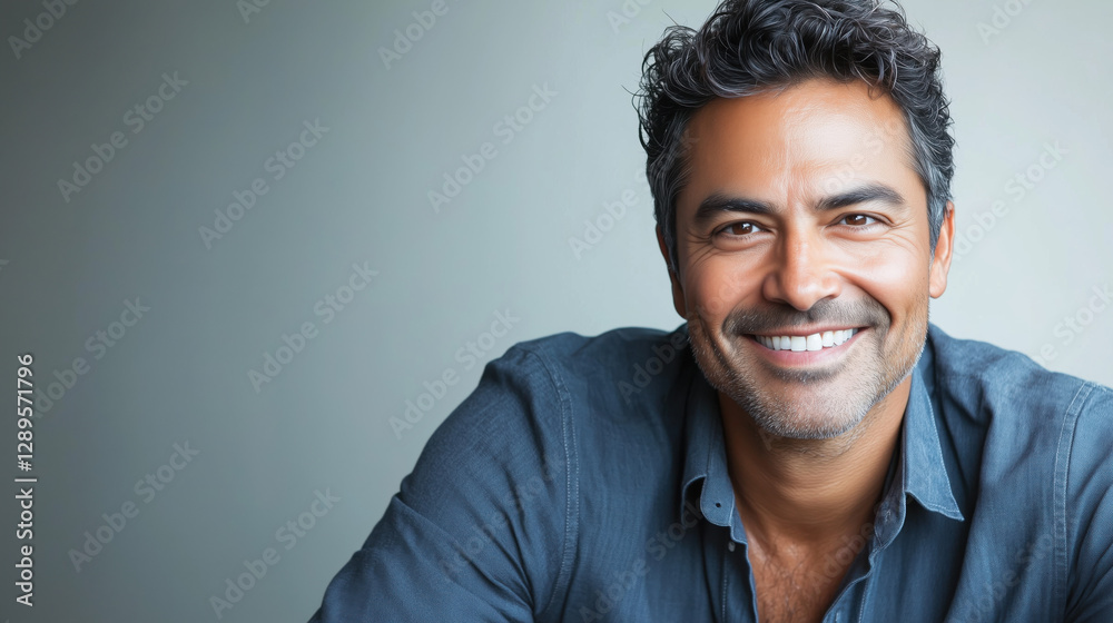 Obraz premium Casual and Friendly Hispanic Man in His 40s Smiling Warmly While Sitting in a Relaxed Pose Against a Solid Light Gray Background, Exuding Confidence and Approachability