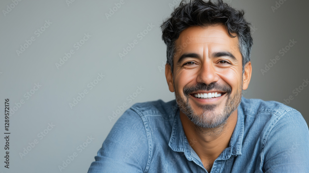 Fototapeta premium Casual and Friendly Hispanic Man in His 40s Smiling Warmly While Sitting in a Relaxed Pose Against a Solid Light Gray Background, Exuding Confidence and Approachability