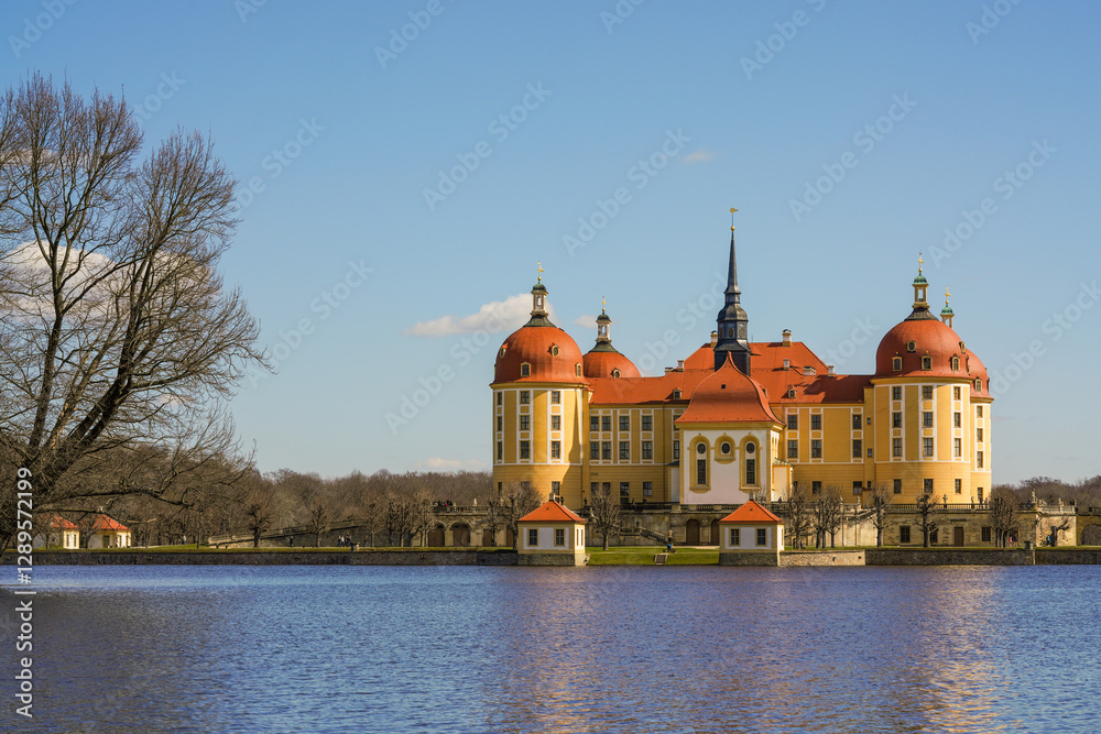 Stunning views Moritzburg Castle with Baroque architecture reflected in calm waters nearby lake.Perfect for capturing grandeur and elegance of European castles. Germany Stunning views Moritzburg Castle with Baroque architecture reflected in calm waters nearby lake.Perfect for capturing grandeur and elegance of European castles. Germany