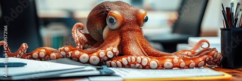 An eager octopus examines numerous documents on an office desk, emphasizing its analytical and problem-solving skills in a bustling work environment. photo