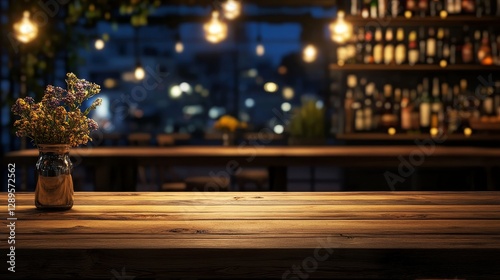 Display your products on this wooden table set against a captivating night restaurant backdrop. Arrange items on the table, showcasing your products or culinary creations.