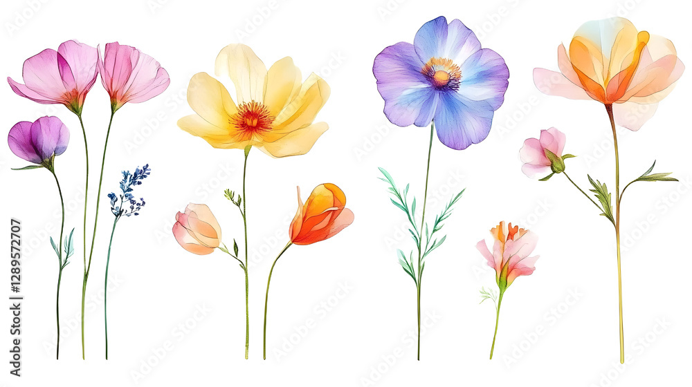 Naklejka premium Watercolor collection of colorful soft flowers. Flower isolated on white background. generative ai