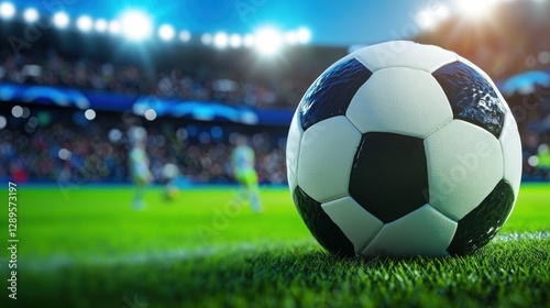 Soccer ball on grass lawn. Outdoor activity.