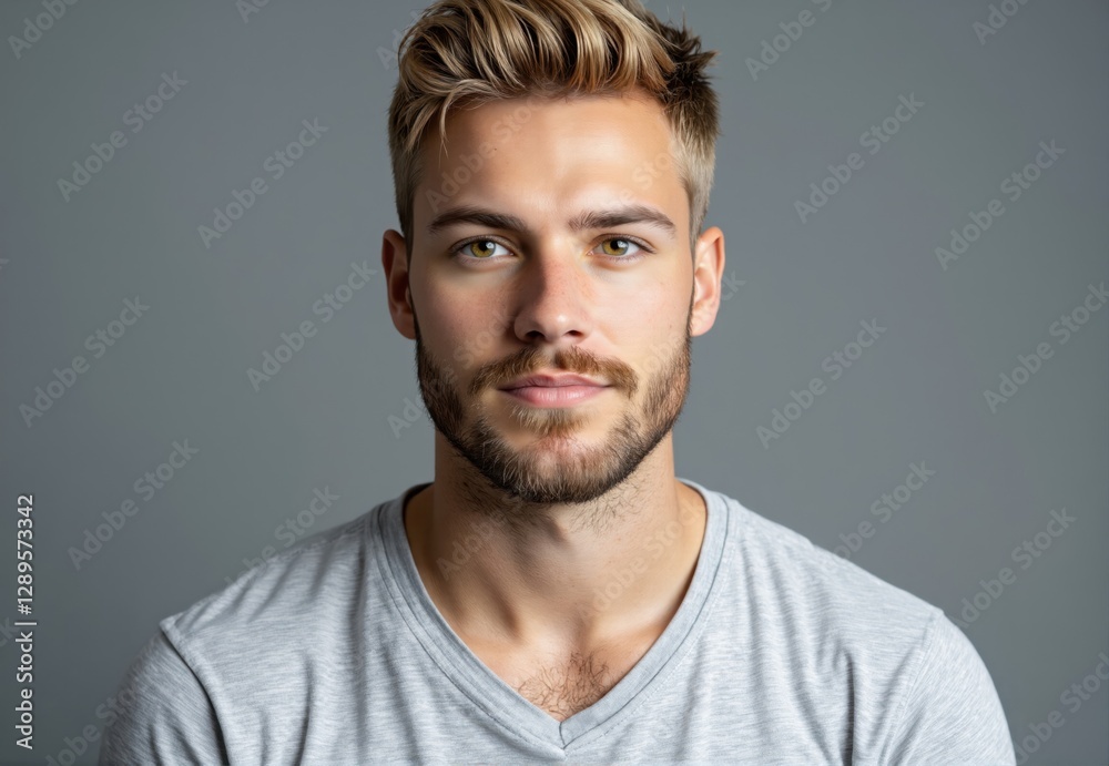 Portrait of Man with Blond Hair and Beard in Gray T-Shirt Portrait of Man with Blond Hair and Beard in Gray T-Shirt