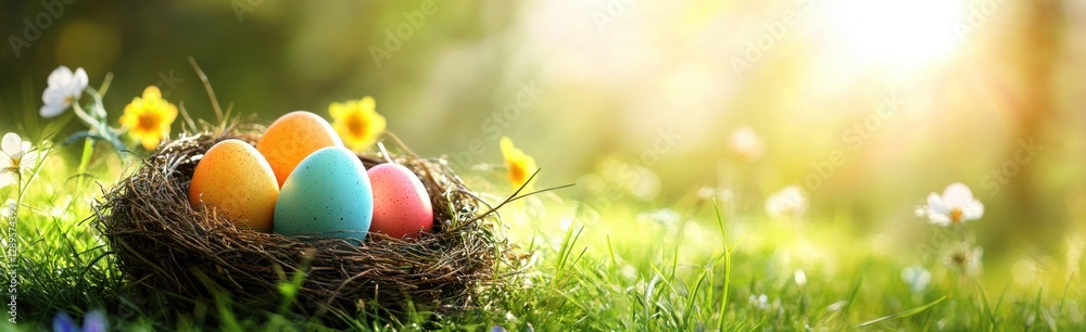 Colorful Easter eggs in a bird's nest on a green grass meadow with spring flowers and sunrays Wide banner format for web design or social media post template Background with copy space Generative AI