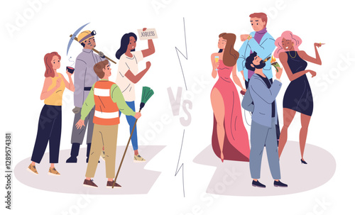 Poor vs rich people. Social inequality, richness and poverty salary gap wage difference jealous characters low or high financial income money, capitalism classy vector illustration