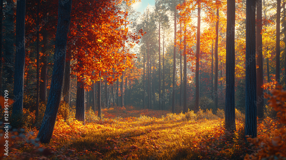 Fototapeta premium peaceful forest path in autumn with sunlight streaming through trees and orange red foliage on ground