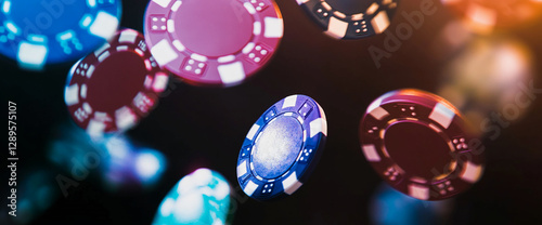 Falling casino poker chips in the air with vibrant colors and blurred background, symbolizing gambling, chance, and excitement in a casino setting. photo