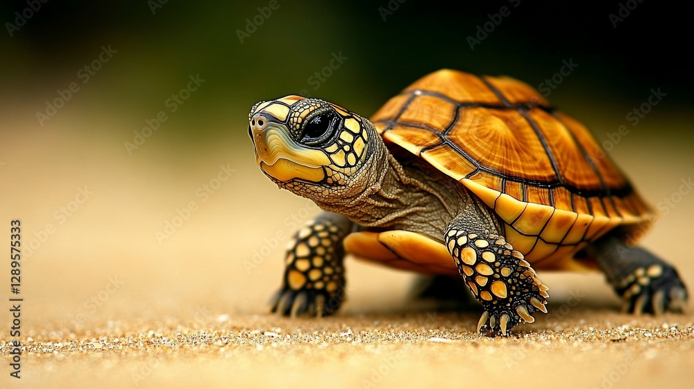Obraz premium Tiny Turtle Crawls on Sandy Beach; Blurred Foliage Background