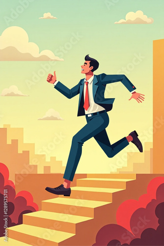 Businessman Running Towards Success and Achieving Goals with Determination and Focus