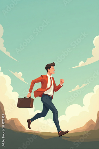 Businessman Running Towards Success and Achieving Goals with Determination and Focus
