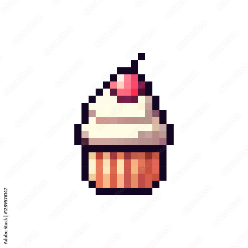 Fototapeta premium Pixel cupcake icon. Sweet pastries in pixel style of the 80s, 90s. Pixel cake for games, websites, animations. 8bit muffin icon. Vector sponge cake icon. Vintage cakes.
