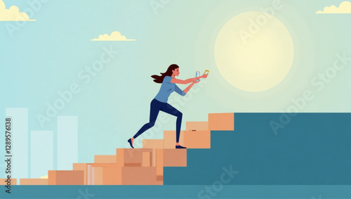 Businesswoman constructing steps to success, representing ambition, achievement, upskilling, and personal development