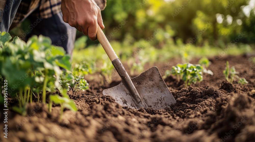farmer's hand holding a Shovel and digging into the soil in a vegetable garden. farmer's hand holding a Shovel and digging into the soil in a vegetable garden.