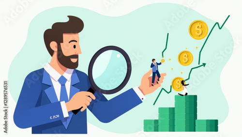 Businessman Searching for Lucrative Opportunities and Profitable Ventures with Magnifying Glass