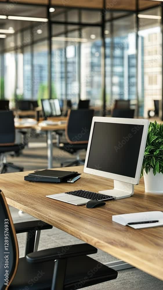 Modern office workspace featuring a sleek computer setup and greenery in a bright, open environment Modern office workspace featuring a sleek computer setup and greenery in a bright, open environment