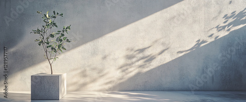 A potted tree with sunlight casting shadows on a textured wall, symbolizing peace, tranquility, and natural beauty in an indoor setting, with a minimalist aesthetic. photo