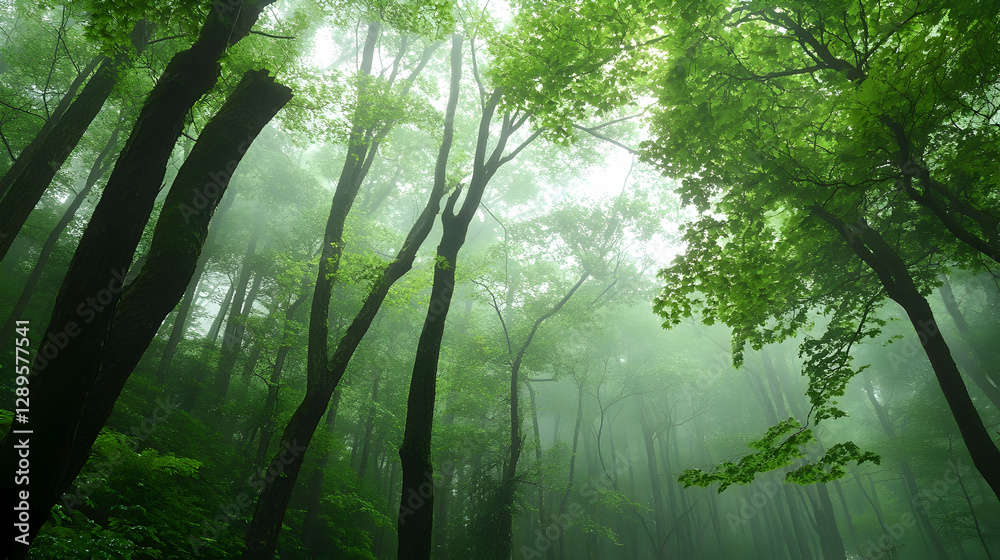 Verdant mist-covered woodlands emphasizing ecological preservation Verdant mist-covered woodlands emphasizing ecological preservation