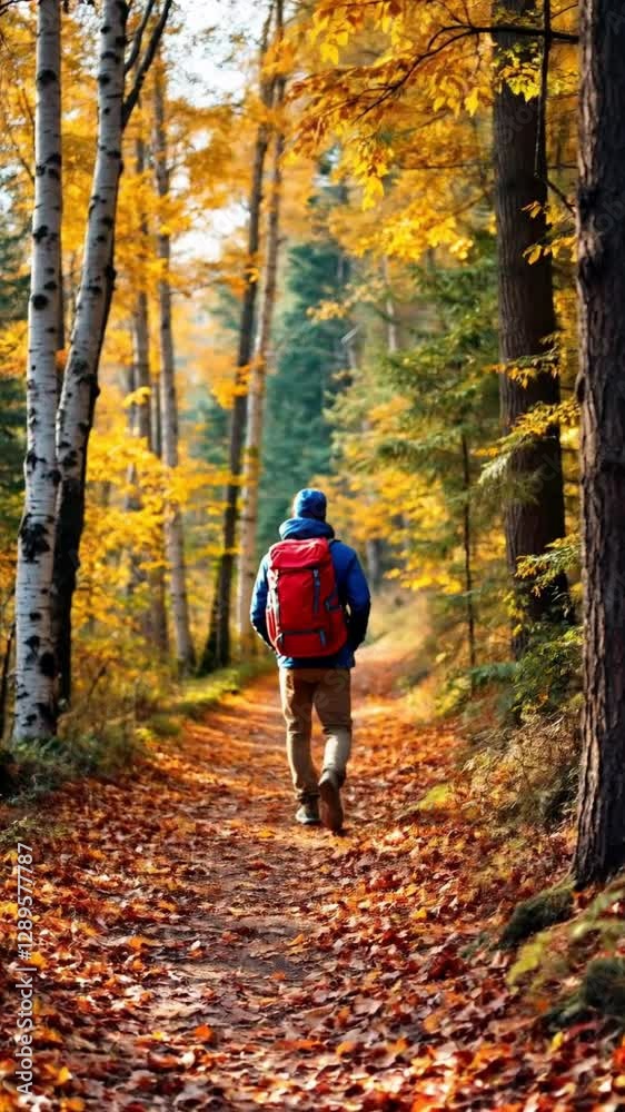 Hiker with Red Backpack Walking in Autumn Forest Hiker with Red Backpack Walking in Autumn Forest