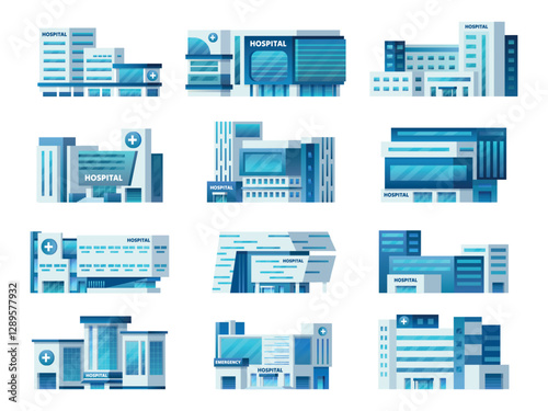 City medical buildings. Hospital skyscraper building exterior, medical company clinic healthcare office modern facade laboratory ambulance emergency set swanky vector illustration