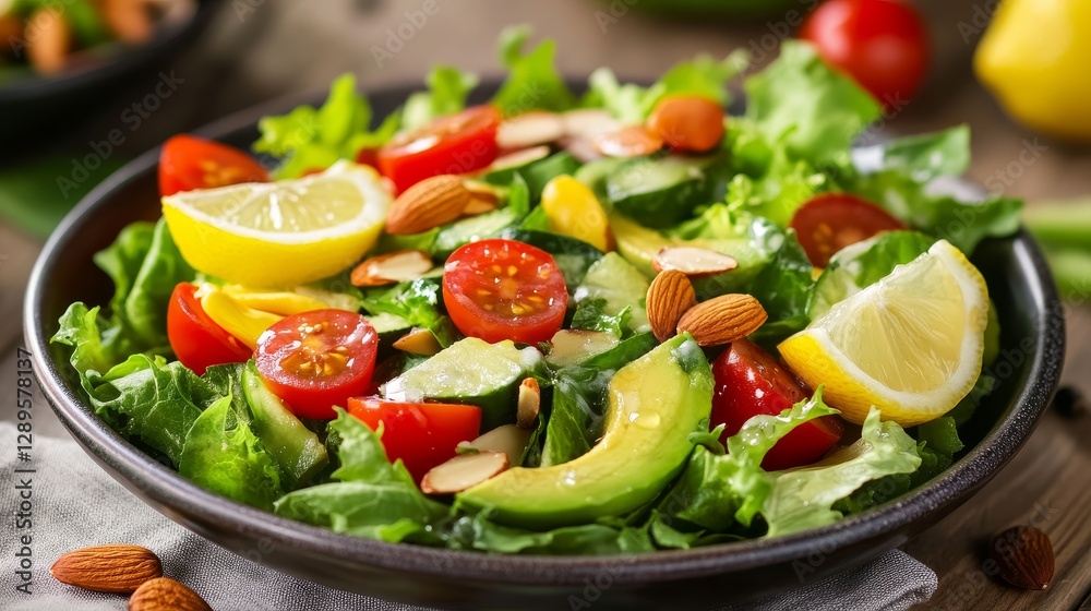 Enjoy a colorful and nutritious salad with crisp lettuce, juicy grape tomatoes, ripe avocados, and crunchy almonds. Drizzle with lemon for a refreshing and tasty meal. Enjoy a colorful and nutritious salad with crisp lettuce, juicy grape tomatoes, ripe avocados, and crunchy almonds. Drizzle with lemon for a refreshing and tasty meal.