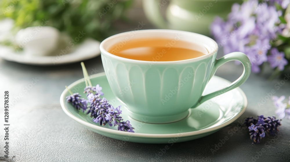 Enjoy a delightful springtime treat with a cup of fragrant lavender tea. Its pastel green saucer adds a touch of elegance to your tea party or high tea experience. Enjoy a delightful springtime treat with a cup of fragrant lavender tea. Its pastel green saucer adds a touch of elegance to your tea party or high tea experience.
