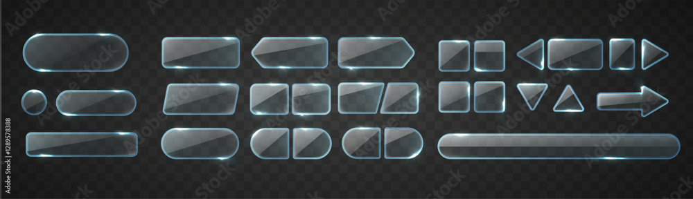 Glass buttons set for game and web. Transparent shapes with broken glass isolated on dark background. Different glass symbols with glares and light