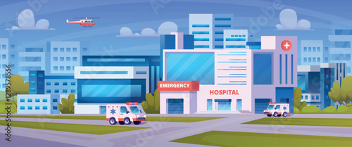 City hospital landscape. Medical center yard clinic modern buildings facade outdoor background, ambulance emergency office healthcare medicine house, swanky vector illustration