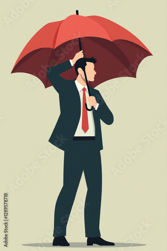 Businessman Sheltering from Economic Crisis Arrow Attack with Umbrella Shield