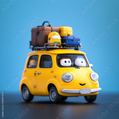 cartoon yellow car with luggage on the roof