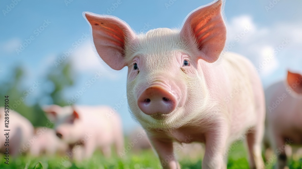Fototapeta premium A piglet stands in a field of green grass with other pigs blurred in the background, against a bright blue sky, looking directly at the camera.