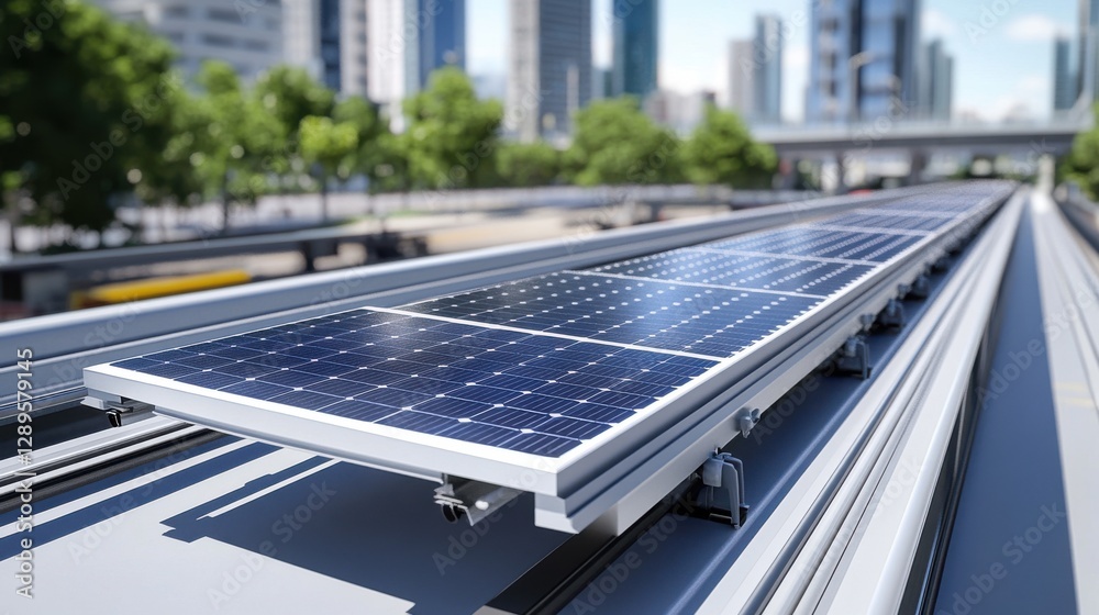 Fototapeta premium Solar panels installed on a city rooftop, with a backdrop of skyscrapers and trees, showcasing urban renewable energy implementation.
