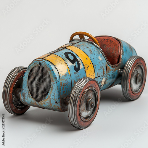 Tin Wind-up Race Car Children's Vintage Toy Isolated on White Background