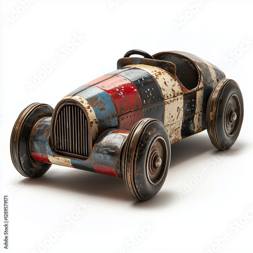 Tin Wind-up Race Car Children's Vintage Toy Isolated on White Background