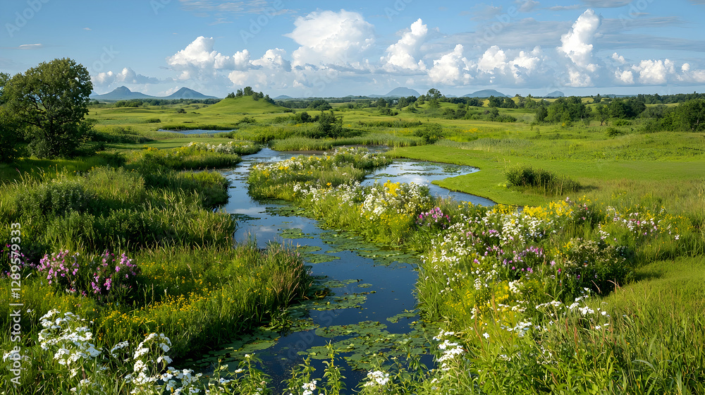 custom made wallpaper toronto digitalSerene river meanders through lush meadow, hills in background; idyllic nature scene