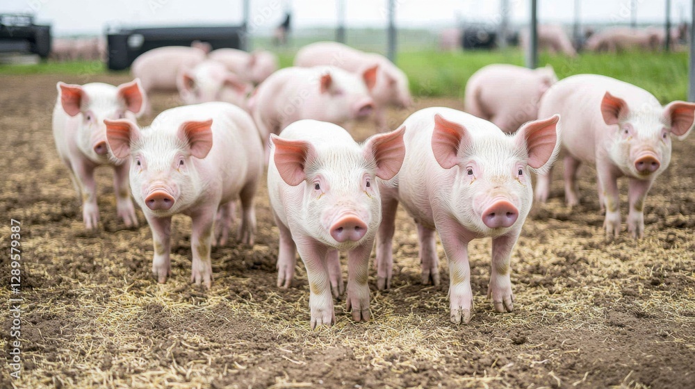 A group of young pink pigs standing on a farm, looking curiously at the camera. A group of young pink pigs standing on a farm, looking curiously at the camera.